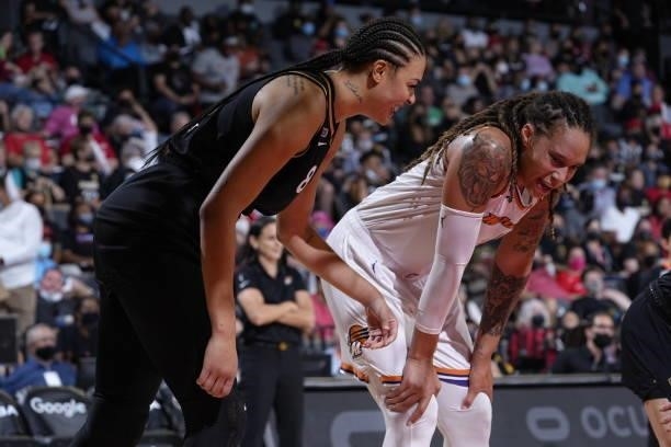Liz Cambage of the Las Vegas Aces and Brittney Griner of the Phoenix Mercury talk during Game Five of the 2021 WNBA Semifinals on October 8, 2021 at...