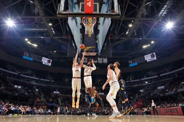 Lauri Markkanen of the Cleveland Cavaliers catches the rebound during a preseason game against the Indiana Pacers on October 8, 2021 at Rocket...