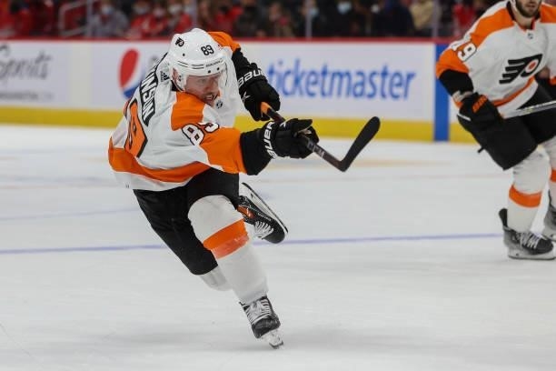 Philadelphia Flyers right wing Cam Atkinson follows through on a shot during a game between the Philadelphia Flyers at Capital One Arena on October...