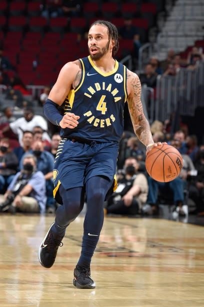 Duane Washington Jr. #4 of the Indiana Pacers dribbles the ball during a preseason game against the Cleveland Cavaliers on October 8, 2021 at Rocket...