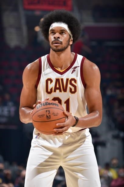 Jarrett Allen of the Cleveland Cavaliers shoots a free throw during a preseason game against the Indiana Pacers on October 8, 2021 at Rocket Mortgage...