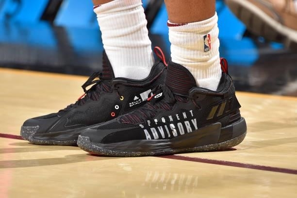 The sneakers worn by Isaac Okoro of the Cleveland Cavaliers during a preseason game against the Indiana Pacers on October 8, 2021 at Rocket Mortgage...