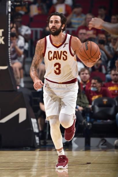 Ricky Rubio of the Cleveland Cavaliers dribbles the ball during a preseason game against the Indiana Pacers on October 8, 2021 at Rocket Mortgage...
