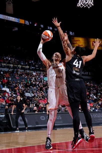 Brittney Griner of the Phoenix Mercury shoots the ball during the game against the Las Vegas Aces during Game Five of the 2021 WNBA Semifinals on...