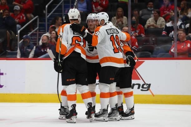 The Philadelphia Flyers celebrate a second period goal during a game between the Philadelphia Flyers at Capital One Arena on October 8, 2021 in...