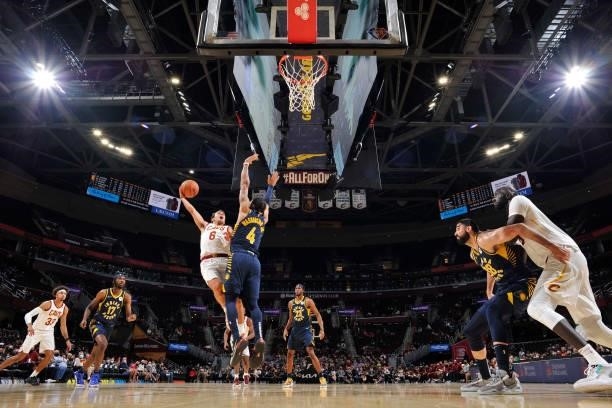 Kevin Pangos of the Cleveland Cavaliers drives to the basket during a preseason game against the Indiana Pacers on October 8, 2021 at Rocket Mortgage...