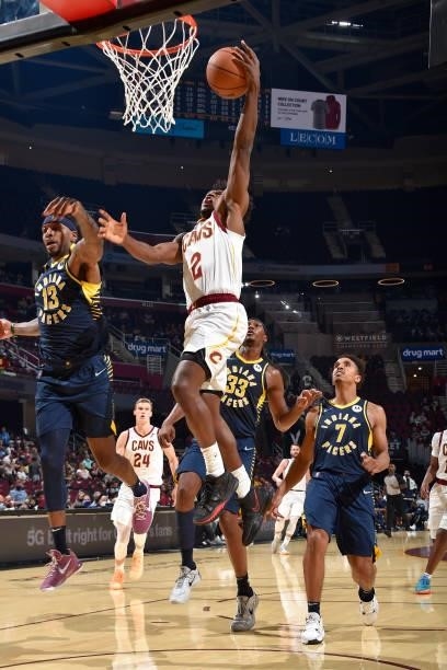 Collin Sexton of the Cleveland Cavaliers drives to the basket during a preseason game against the Indiana Pacers on October 8, 2021 at Rocket...