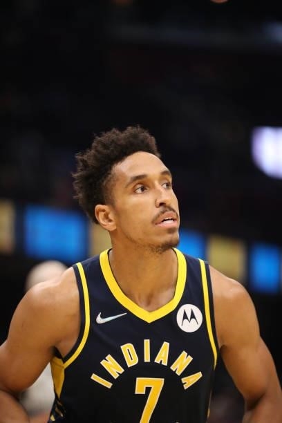 Malcolm Brogdon of the Indiana Pacers looks on during a preseason game against the Cleveland Cavaliers on October 8, 2021 at Rocket Mortgage...