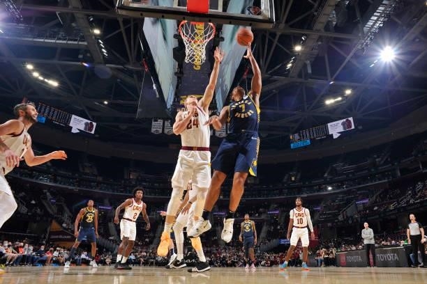 Malcolm Brogdon of the Indiana Pacers shoots the ball during a preseason game against the Cleveland Cavaliers on October 8, 2021 at Rocket Mortgage...