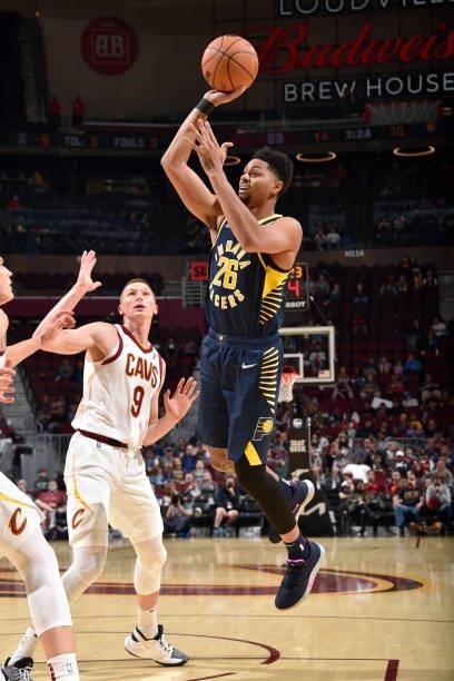 Jeremy Lamb of the Indiana Pacers shoots the ball during a preseason game against the Cleveland Cavaliers on October 8, 2021 at Rocket Mortgage...