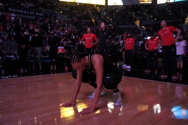 Liz Cambage of the Las Vegas Aces looks on before Game Four of the 2021 WNBA Semifinals on October 8, 2021 at Michelob ULTRA Arena in Las Vegas,...