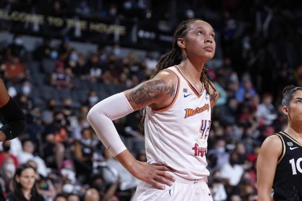 Brittney Griner of the Phoenix Mercury looks on during the game against the Las Vegas Aces during Game Five of the 2021 WNBA Semifinals on October 8,...