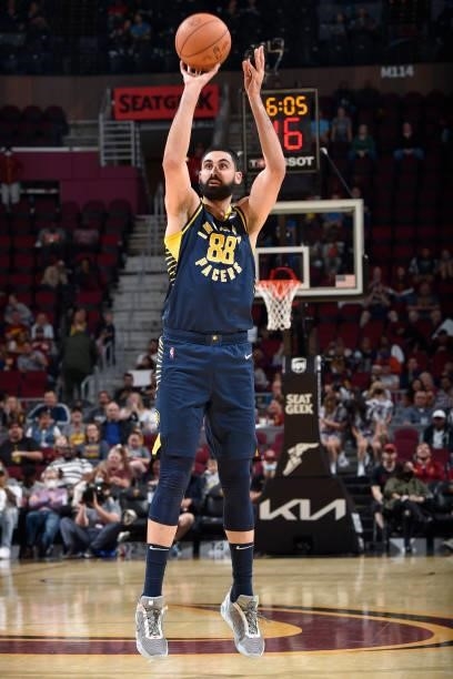 Goga Bitadze of the Indiana Pacers shoots the ball during a preseason game against the Cleveland Cavaliers on October 8, 2021 at Rocket Mortgage...