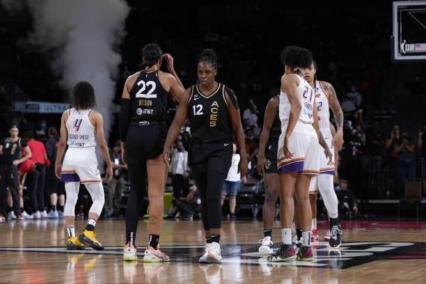Chelsea Gray of the Las Vegas Aces looks on during the game against the Phoenix Mercury during Game Five of the 2021 WNBA Semifinals on October 8,...