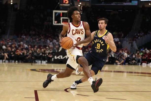 Collin Sexton of the Cleveland Cavaliers drives to the basket during a preseason game against the Indiana Pacers on October 8, 2021 at Rocket...