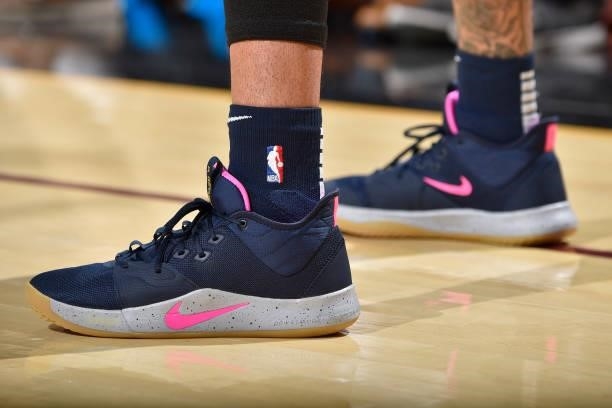 The sneakers worn by Jeremy Lamb of the Indiana Pacers during a preseason game against the Cleveland Cavaliers on October 8, 2021 at Rocket Mortgage...