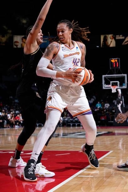 Brittney Griner of the Phoenix Mercury handles the ball during the game against the Las Vegas Aces during Game Five of the 2021 WNBA Semifinals on...