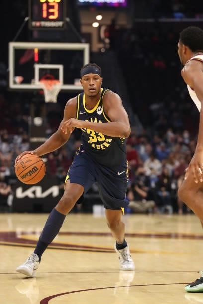 Myles Turner of the Indiana Pacers handles the ball during a preseason gameagainst the Cleveland Cavaliers on October 8, 2021 at Rocket Mortgage...