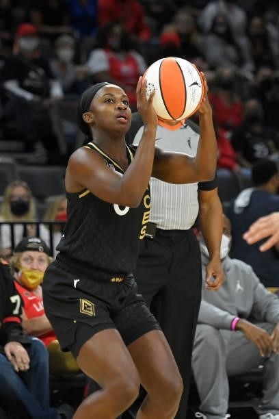 Jackie Young of the Las Vegas Aces shoots a three point basket during Game Four of the 2021 WNBA Semifinals on October 8, 2021 at Michelob ULTRA...