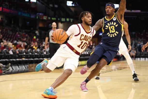 Darius Garland of the Cleveland Cavaliers drives to the basket during a preseason game against the Indiana Pacers on October 8, 2021 at Rocket...