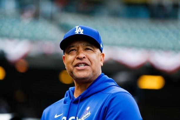Dave Roberts of the Los Angeles Dodgers looks on during batting practice prior to Game 1 of the NLDS between the Los Angeles Dodgers and the San...