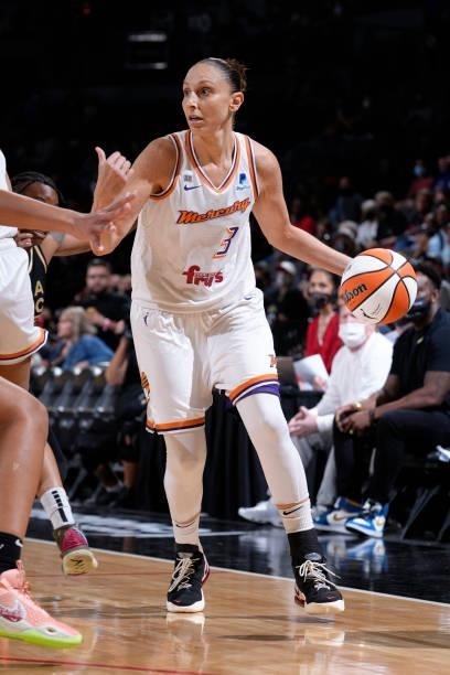 Diana Taurasi of the Phoenix Mercury handles the ball against the Las Vegas Aces during Game Five of the 2021 WNBA Semifinals on October 8, 2021 at...