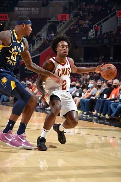 Collin Sexton of the Cleveland Cavaliers handles the ball during a preseason game against the Indiana Pacers on October 8, 2021 at Rocket Mortgage...