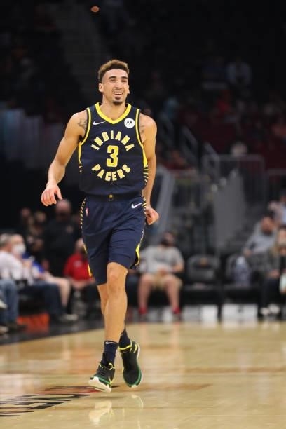 Chris Duarte of the Indiana Pacers smiles during a preseason game against the Cleveland Cavaliers on October 8, 2021 at Rocket Mortgage FieldHouse in...