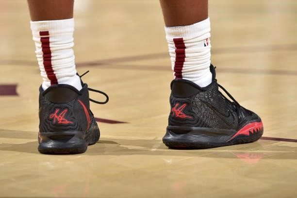 The sneakers worn by Collin Sexton of the Cleveland Cavaliers during a preseason game against the Indiana Pacers on October 8, 2021 at Rocket...