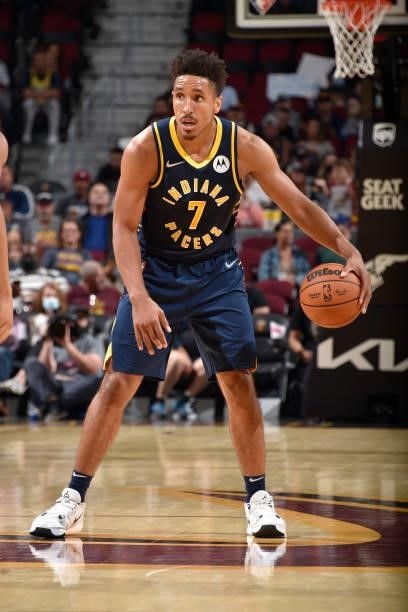 Malcolm Brogdon of the Indiana Pacers handles the ball during a preseason game against the Cleveland Cavaliers on October 8, 2021 at Rocket Mortgage...