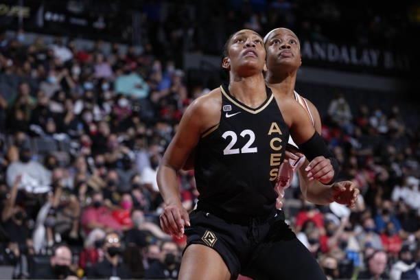 Ja Wilson of the Las Vegas Aces plays defense during the game against the Phoenix Mercury during Game Five of the 2021 WNBA Semifinals on October 8,...
