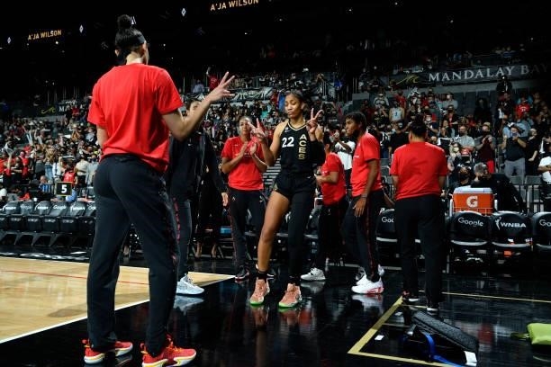 Ja Wilson of the Las Vegas Aces gets introduced prior to a game against the Phoenix Mercury during Game Five of the 2021 WNBA Semifinals on October...