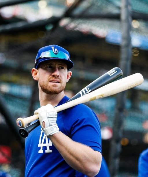 Billy McKinney of the Los Angeles Dodgers looks on during batting practice prior to Game 1 of the NLDS between the Los Angeles Dodgers and the San...