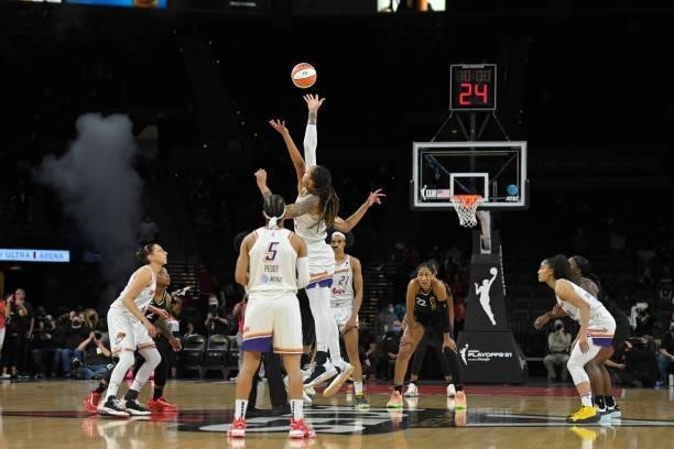 Brittney Griner of the Phoenix Mercury jumps for the opening tip during the game against the Las Vegas Aces on October 8, 2021 at Michelob ULTRA...