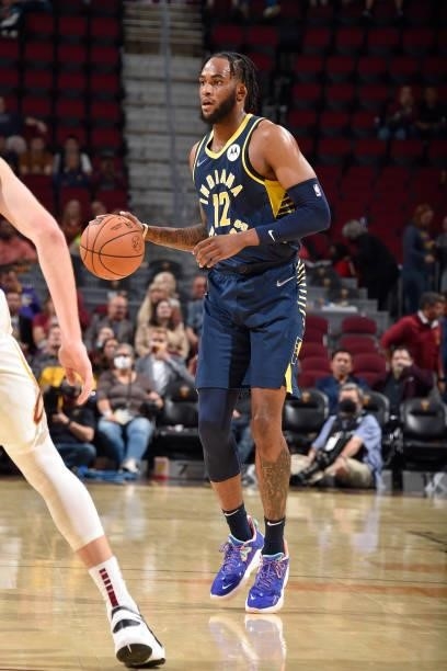 Oshae Brissett of the Indiana Pacers handles the ball during a preseason game against the Cleveland Cavaliers on October 8, 2021 at Rocket Mortgage...
