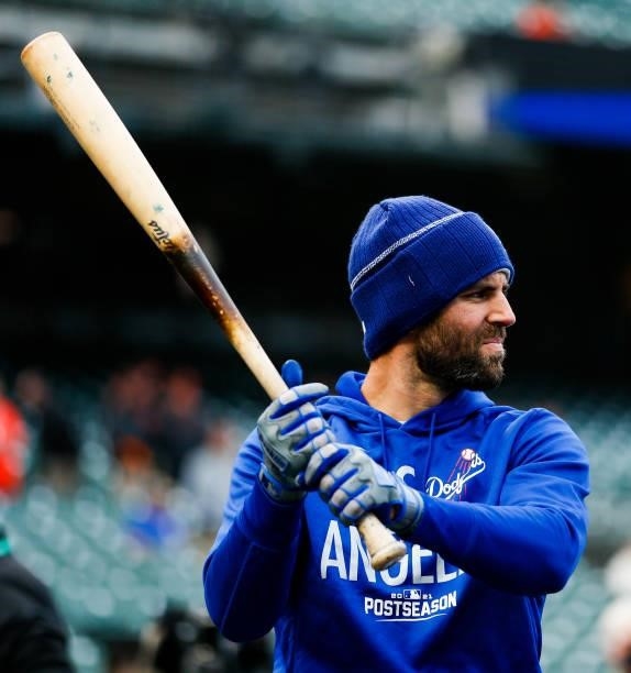 Chris Taylor of the Los Angeles Dodgers during batting practice prior to Game 1 of the NLDS between the Los Angeles Dodgers and the San Francisco...