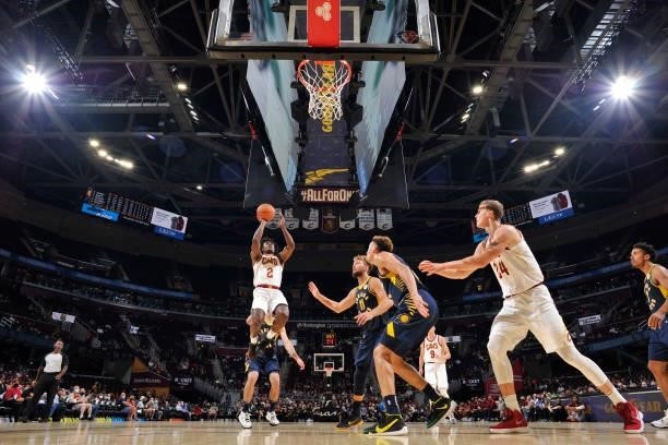 Collin Sexton of the Cleveland Cavaliers shoots the ball during a preseason game against the Indiana Pacers on October 8, 2021 at Rocket Mortgage...