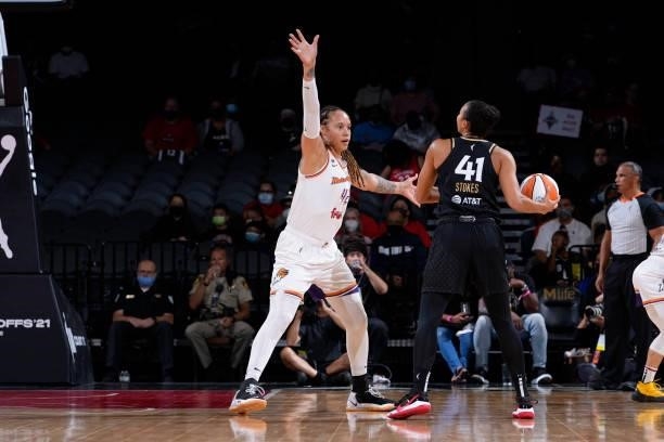 Brittney Griner of the Phoenix Mercury plays defense during the game against the Las Vegas Aces during Game Five of the 2021 WNBA Semifinals on...