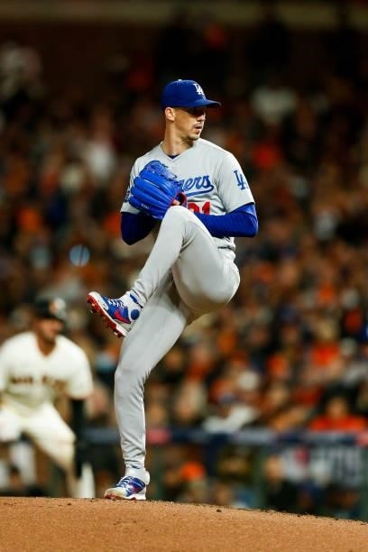 Walker Buehler of the Los Angeles Dodgers pitches during Game 1 of the NLDS between the Los Angeles Dodgers and the San Francisco Giants at Oracle...