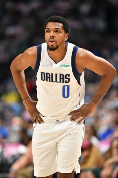 Sterling Brown of the Dallas Mavericks looks on during a preseason game against the LA Clippers on October 8, 2021 at the American Airlines Center in...