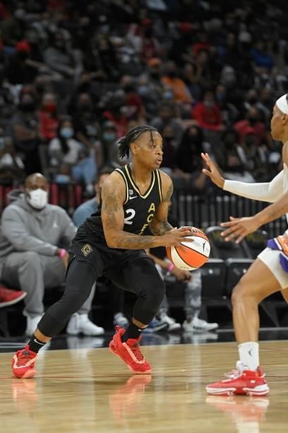 Riquna Williams of the Las Vegas Aces drives to the basket against the Phoenix Mercury during Game Five of the 2021 WNBA Semifinals on October 8,...