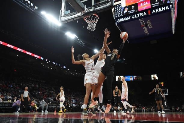Ja Wilson of the Las Vegas Aces drives to the basket against the Phoenix Mercury during Game Five of the 2021 WNBA Semifinals on October 8, 2021 at...