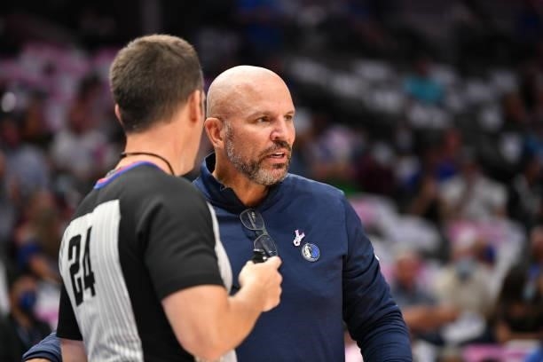 Head Coach Jason Kidd of the Dallas Mavericks looks on during a preseason game against the LA Clippers on October 8, 2021 at the American Airlines...