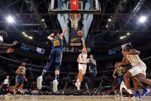Kevin Pangos of the Cleveland Cavaliers shoots the ball during a preseason game against the Indiana Pacers on October 8, 2021 at Rocket Mortgage...
