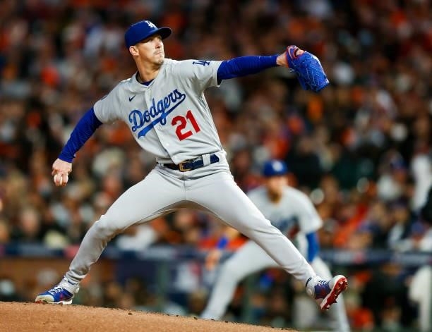 Walker Buehler of the Los Angeles Dodgers pitches in the first inning of Game 1 of the NLDS between the Los Angeles Dodgers and the San Francisco...