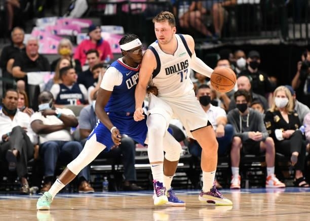 Luka Doncic of the Dallas Mavericks dribbles the ball during a preseason game against the LA Clippers on October 8, 2021 at the American Airlines...