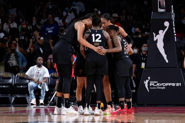 The Las Vegas Aces huddle up during the game against the Phoenix Mercury during Game Five of the 2021 WNBA Semifinals on October 8, 2021 at Footprint...