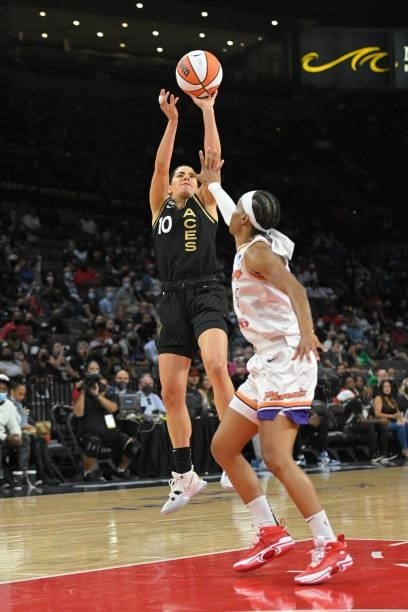 Kelsey Plum of the Las Vegas Aces shoots the ball against the Phoenix Mercury during Game Five of the 2021 WNBA Semifinals on October 8, 2021 at...