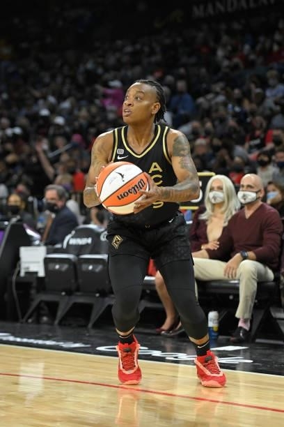 Riquna Williams of the Las Vegas Aces shoots a three point basket against the Phoenix Mercury during Game Five of the 2021 WNBA Semifinals on October...