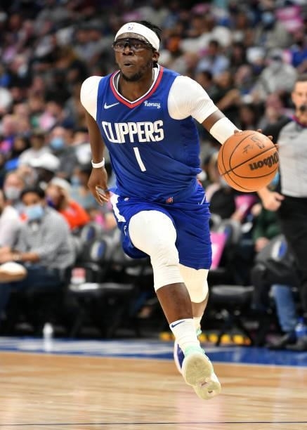 Reggie Jackson of the LA Clippers dribbles the ball during a preseason game against the Dallas Mavericks on October 8, 2021 at the American Airlines...
